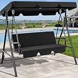 YITAHOME Hollywoodschaukel, 3 Sitzer Outdoor Hollywoodschaukeln mit Liegefunktion, Metall Gartenschaukel mit Verstellbarem Sonnendach & Abnehmbarem Kissen für Erwachsene, 270KG Belastbar, Schwarz