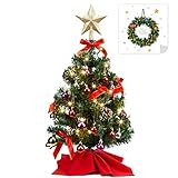 HAUSPROFI Weihnachtsbaum Künstlich LED 60CM, Mini Tannenbaum Künstlich mit Aufkleber/Lichterketten/20 Kugeln/Holzsockel für Büro Innen Weihnachtsdeko