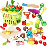 Siairo Kinderküche Zubehör Holz Küchenspielzeug Schneiden Spielküche Zubehör Obst Gemüse Lebensmittel Küche Holzspielzeug Kinderspielzeug mit Schürze für Kinder ab 3+ Jahren Jungen Mädchen