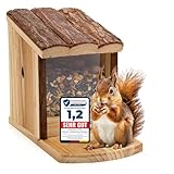 Natuverra Eichhörnchen Futterhaus mit rustikalem Rindendach aus nachhaltigem Kiefernholz – wetterfest & sicher für Tiere – Ganzjährig nutzbares Eichhörnchenhaus 12 cm x 22,7cm x 17,8 cm