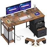 Coleshome Schreibtisch mit Stoff Schubladen, 130x48cm Computertisch 2 Steckdosen und 2 USB Ladeanschluss, PC Tisch mit Regal Reversible Bürotisch für Büro, Wohnzimmer, Braun