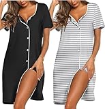 Ekouaer Nachthemden für Damen Knopfleiste 2er Nachthemd Damen Kurzarm Baumwolle Schlafshirt Sommer Sleepshirt Frauen Nachtwäsche Nachtshirt Stillnachthemd M