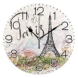 Eiffelturm Paris Wanduhr, batteriebetrieben, nicht tickend, lautlos, Quarz, analog, rustikales Bauernhaus, runde Uhr, Retro-Dekoration für Zuhause, Küche, Wohnzimmer, Badezimmer
