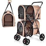 COSTWAY 2 Etagen Hundewagen Haustiere Buggy bis 16kg, Hundebuggy mit Netzfenstern & Getränkehalter & Anhänger, Katzenbuggy für 2 kleine Hunde Katzen (Beige)