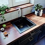 Faizee Möbel | Spülbecken Granit Schwarz 48x50 cm | Hochwertige Küchenspüle & Einbauspüle | Eckiges Spülbecken | Beidseitig montierbare Granitspüle | Einbaugranitspüle ab 45 cm | Inkl. Siphon-Set