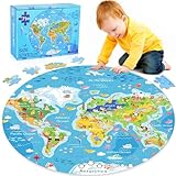 Puzzle Weltkarte Kinder ab 3-8 Jahre, 71 Teile Große Rundes Puzzle für Jungen Mädchen, Weltkarte Kinderpuzzle ab 3 Jahre, Geschenke für Kinder Bodenpuzzle