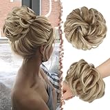 FESHFEN Haarteil Mit Gummiband, Groß Dutt Haarteil Haargummi Mit Haaren Gelockt Haardutt Synthetisch Haarverlängerung Pferdeschwanz Haarteile für Damen Mädchen, Gemischte Blond & Aschblond Spitzen 55g