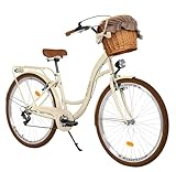 Damenfahrrad Citybike Komfort Mit Weidenkorb Hollandrad Vintage Fahrrad, 26, 28 Zoll, 7-Gang (Braun-Creme, 28 Zoll)