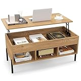 COSTWAY Couchtisch Höhenverstellbar, Beistelltisch mit anhebbarer Tischplatte & 3 offenen Fächern, Wohnzimmertisch aus Holz mit großem verstecktem Fach, Kaffeetisch für Wohnzimmer, Büro, Natur