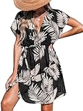 CUPSHE Damen Bikini Cover Up Strandkleid V Ausschnitt Kurzarm Blätter Print Seitenschlitz Sommer Beach Mini Dress Schwarz Floral XL