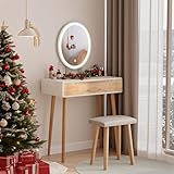 YU YUSING Schminktisch mit LED-Beleuchtung Spiegel 3 Farben, Schminktisch mit Stuhl, Frisiertisch Kosmetiktisch mit 2 Schubladen, 70cm Frisierkommode Make Up Dressing Vanity, Modern, Holzfarbe