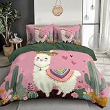 GSAEIMCT Rosa Kaktus-Alpaka 3D Print Bettwäsche Set Cartoon-Tiere 3 Teilig Angenehme Microfaser Bettbezüge,Bettbezug Mit Kissenbezug Für Jungen Mädchen Schlafzimmer Atmungsaktiv,155X220Cm