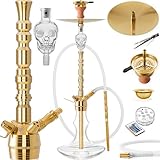 DILAW® Shisha Komplettset Rubin Edelstahl 75cm | Wasserpfeife Hookah 3 Anschlüsse inkl. Bowl, Kamin-Tonkopf, Kaminaufsatz, Molassefänger, Silikonschlauch, Alu-Mundstück, Zange - für Anfänger & Profis
