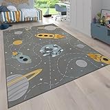 Paco Home Teppich Kinderzimmer Kinderteppich rutschfest Junge Mädchen Baby Spielteppich Rakete Planet Sterne Modern Waschbar Grau Blau Gelb, Grösse:120x160 cm