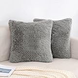 EMEMA Kissenbezüge Künstlich Pelz Kuschelkissen Fellkissen Sofakissen Dekorative Dekokissen Flauschig Kissenbezug Plüschkissen Kuschelig Couchkissen Kissen für Sofa 2er Set 40x40 cm, Einfarbig Grau
