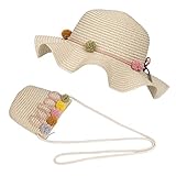 FT-SHOP Strohhut und Kleine Tasche Set Mädchen Kinder Sommer Sonnenhut mit Blumendekoration für den Urlaub Reise Outdoor-Aktivitäten