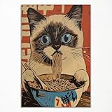 GAINOW Vintage Japanische Katze Leinwand Wandkunst, Kawaii Katze isst Nudeln Poster, Cooles lustiges Tier Essen Kunstdruck, asiatisch inspirierte Küche Wanddekoration 30x40cm ungerahmt