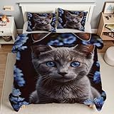 TMMDH Bettdecke 200x220 Ohne Bezug Nutzbar, Graue Katze Bettdecken Waschbar Ganzjahresdecke Blaue Blumen 4 Jahreszeiten Steppdecke, Bettzeug Microfaser mit 2 Kissenbezug für Sommer Winter Doppelbett