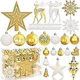 Weihnachtskugeln Gold 106 Stück, Kunststoff Weihnachtsbaumkugeln Set mit Haken, Weiß Goldene Christbaumkugeln Glitzer 2022 Modern Ausgefallen Baumkugeln für Weihnachtsbaum Deko…