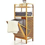 Bambuswald© Wäschekorb Bambus mit Zwei Ablagefächern | Herausnehmbare Faltbox aus Stoff - Wäschekorb Regal & Schlafzimmer ca. 95x40x30cm | Wäschekorb Wäschesortierer Badezimmer