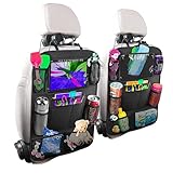 Rückenlehnenschutz Auto Kinder mit 10 Zoll iPad/Tablet-Tasche, 600D Oxford Stoff Wasserdicht Autositz Rücksitz Organizer Autositzschoner Rückenlehne, Schwarz, 2 Stück