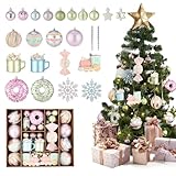 70er Set Premium Weihnachtskugeln Kunststoff Weiß mit Baumspitze Stern - Robuste und Sichere Christbaumschmuck Set mit Aufhängen - Christbaumkugeln Bunt, Mehrweg
