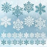 Moncolis 24 Stück Schneeflocke Weihnachten Deko Glitzer Weihnachtsbaumschmuck Anhänger Glitter Weihnachts Deko für Weihnachtsbaum aus Kunststoff Schneeflocken weiß und blau