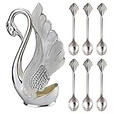 Schwanenbodenhalter mit 6 Kaffee- und Dessertlöffel-Set, Metall-Kaffeelöffel, Organizer, Teelöffel, Obst, Dessert, Besteck, Zucker, Eis, Löffel (Silber)