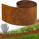 Vehipa Cortenstahl Rasenkante 5m Länge, 14cm Höhe Garten Rasenkante aus Cortenstahl, Rasenkantenband mit Rost inklusive 1 Paar Handschuhe, Beeteinfassung Rasenkanten Mähkante für Garten Dekoration