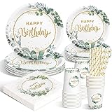 DANXIAN Geburtstagsdeko Partygeschirr Set, Pappteller Kindergeburtstag, Eukalyptus Pappteller, Happy Birthday Deko Partyzubehör Pappteller für Junge Mädchen Partys 20 Gäste