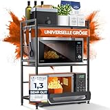 Heldenwunder Mikrowellenregal (3-stufig) - Schwarz aus Stahl I extrem Standfest I rutschfeste Füße I Höhen & längenverstellbares Mikrowellen Regal 40-64cm + Werkzeug, Videoanleitung & 8 Haken