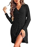 Ekouaer Nachthemd Damen Langarm Schlafshirt V-Ausschnitt Nachtwäsche Sleepshirt Knopfleiste Stillnachthemd Langarm,Schwarz,XL