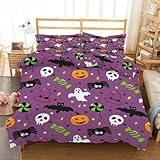 LLSZAHD Halloween Fledermaus Bettwäsche 135×200cm, Süßigkeiten, Geister, Spinnen Muster bettwäsche-Sets, Mikrofaser Bettbezug mit Reißverschluss und Kissenbezug 80×80cm