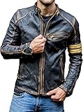 Echtlederjacke für Herren, mit Vintage-Detail, Cafe Racer-Lederjacke, schwarz, Motorradjacke, Schwarz , XXL
