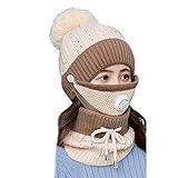 OKwife 3 In 1 Winter Beanie Mütze Schal Gesichtsmaske Set Strick Plüsch Gefütterte Totenkopfmütze Wärmer
