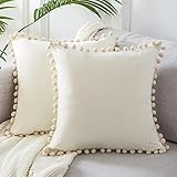 Topfinel Boho Kissenbezug 40x40 cm 2er Set Samt Kissenhülle Kissenbezug für Dekokissen Sofakissen mit Pompons Wohnzimmer Schlafzimmer Sofa Dekokissenbezug Creme
