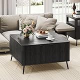 Fatmok Couchtische für Wohnzimmer, Couchtisch mit Hebeplatte, quadratischer Couchtisch mit Stauraum, moderner geriffelter Mitteltisch mit verstecktem Ablagefach, großer rustikaler Couchtisch, Schwarz