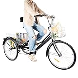 FENGLY 24 Zoll Dreirad für Erwachsene, 7-Gang Schaltung mit Frontkorb und Einkaufskorb bis, fahrradpolster Sattel Rückenlehne Tricycle, Erwachsene City Tricycle Fahrrad, für Fahrten Outdoor, Schwarz
