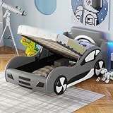 MQLAE Autobett Kinderbett 90 x 200cm, Bett mit Lattenrost und Stauraum, Kinder Spielbett, Aufregendes Auto Kinderbett für kleine Rennfahrer Jungen und Mädchen, Flachbett, ohne Matratze Grau