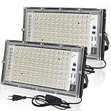 BOSITE LED Strahler Außen 100W, 2 Stück LED Fluter 6500K Kaltweiß,10000LM LED Scheinwerfer,IP65 Wasserdicht Aussenstrahler fur Hof Türen Rasen Garage Stadion Spielplatz