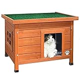 VOUNOT® Katzenhaus aus Holz, Katzen Haus mit Asphaltdach, Katzenhütte für Draussen Outdoor 57 x 45 x 43 cm