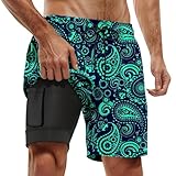 Badeshorts Herren mit Kompression Liner 2 in 1 Atmungsaktiv Tropenmuster Badehose Herren Elastisch Sommer Strand Badehosen Board Shorts Urlaub Hawaii Retro Blumen Badehose mit Reißverschlusstasche