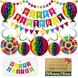 Premium Wiederverwendbare Geburtstagsdeko - Regenbogen Deko Geburtstag / Party Deko - Happy Birthday Girlande, Wimpelkette Geburtstag, Wabenbälle - Happy Birthday Deko (Regenbogen Partydeko)