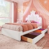 Merax Kinderbett 90x200, Polsterbett für Mädchen Kronen-Einzelbett mit verstellbarem Kopfteil, 16 Farben LED-Streifen, aus PU-Leder Bettrahmen mit Lattenrost und 2 Schubladen (ohne Matratze), Weiß