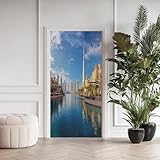Dubai Skyline Türaufkleber 95x200 cm - Fluss Stadt 3D Türtapete Selbstklebend Abnehmbar Vinyl Fototapete Wasserdicht Türfolie Türdeko für Wohnzimmer Schlafzimmer