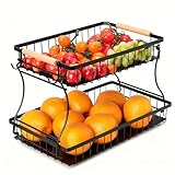 Romon Obstkorb Obst Etagere, 2 Etagen Obstkörbe Stöckig Abnehmbar mit 2 Bananenaufhängern, Metall Obstschale Gemüsekorb Brot Gemüse Snacks für Stehend Aufbewahrung Vegetables Fruits Basket, Schwarz