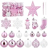 SOLEDI® 128er Set Premium Weihnachtskugeln Kunststoff Rosa Weiß mit Baumspitze Stern - Robuste und Sichere Christbaumschmuck Set mit Aufhängen - Christbaumkugeln Bunt, Mehrweg Weihnachtsdeko
