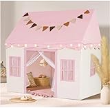 Kinderzelt für Drinnen mit Verdickten Krabbelmatte Kugellichtern und Wolkenornamenten,Spielzelt Kinder Indoor Pink und Weiß