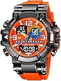 Digitale Herren-Sportuhr für Herren, großes Zifferblatt, taktische wasserdichte Uhr, analog, EL-Hintergrundbeleuchtung, Alarm, Stoppuhr, robuste Armbanduhr, Orange