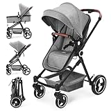 Kinderwagen 2 In 1 Buggy, Buggy Kinderwagenset Bis 26 Kg, Zusammenklappbar, Kompakt, Verstellbarer Baby Kinderwagen, Sportbuggy, Reisebuggy, Große RäDer, Travel System